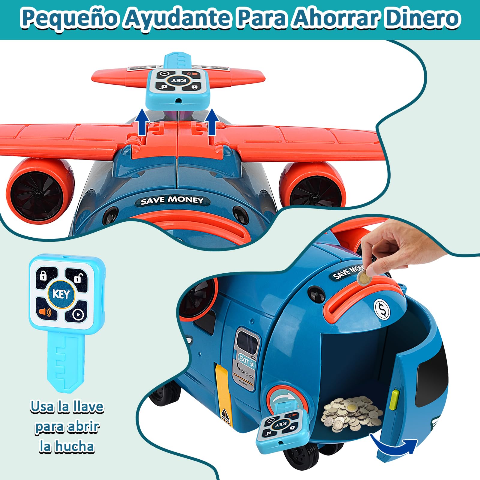 JONRRYIN Avion Juguete para Niños, 3 en 1 Volante Juguete con Luces LED y Sonidos, Hucha, Avión Coche Juguete Regalo para Niños 3 4 5 Años (Azul)