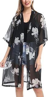 Belle Dame Women’s Chiffon Kimono Bathing Suit Cover Up Open Front Duster Kimono Summer Dress Beach Cover Up (Free Size)