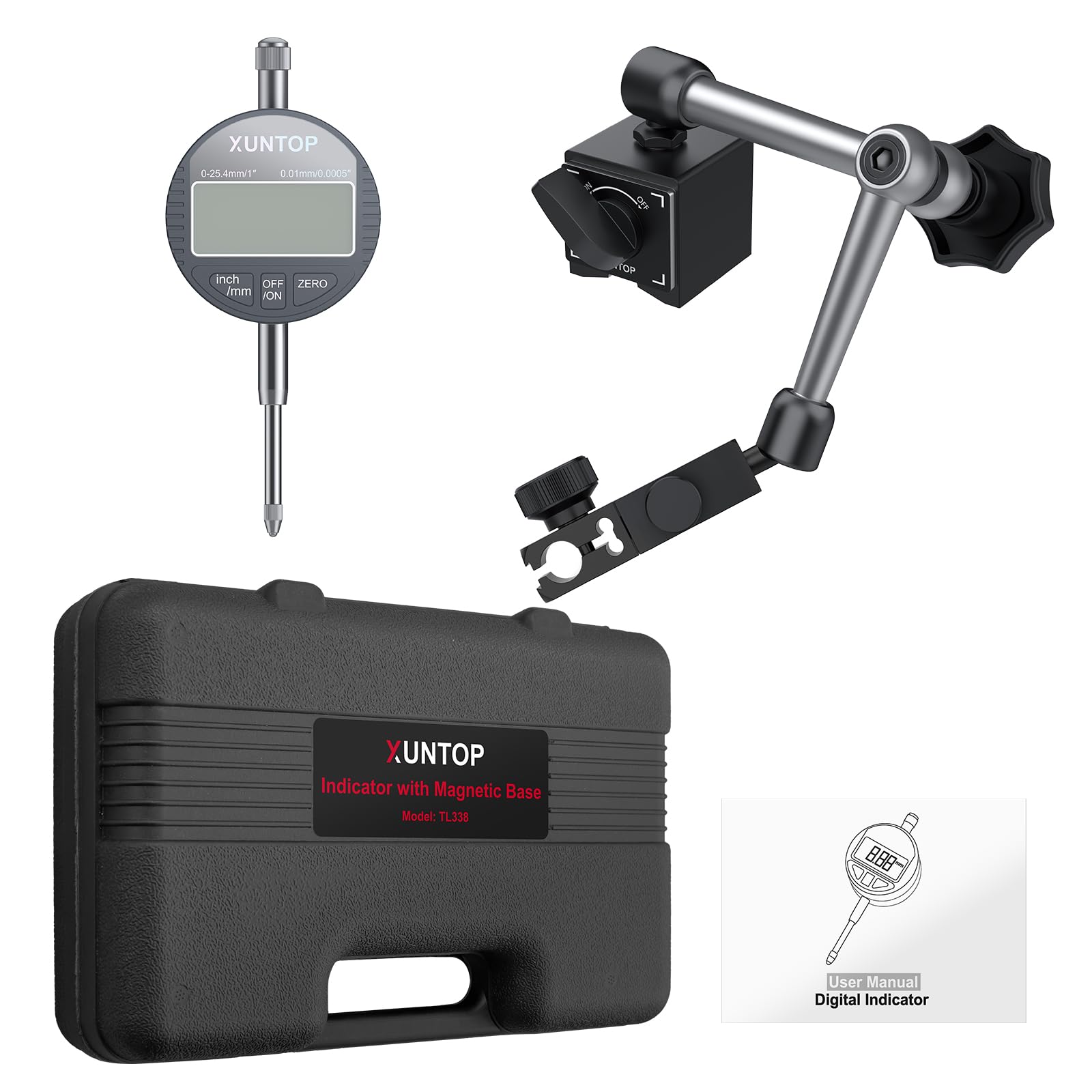 XUNTOP Comparatore Centesimale 0-25,4 mm con Base Magnetica 132lbs/60kg, Digital Dial Indicator 1inch/0.0005inch con Display LCD di Conversione Pollici/metri per Tornio, Stampante 3D, CNC, Industriale