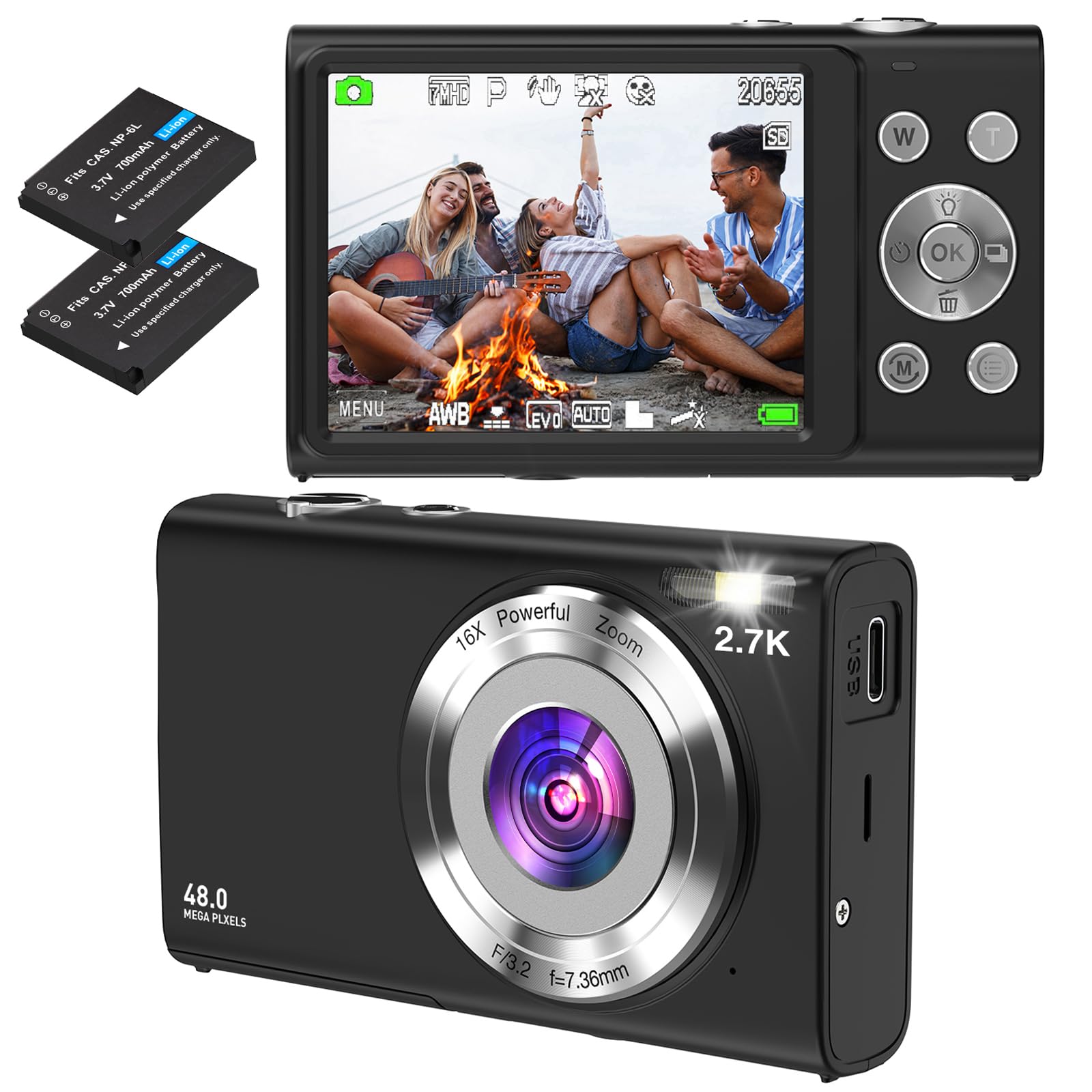 Macchina Fotografica Digitale Fotocamera Compatte, 48M 2.7K HD Fotocamera con Zoom Digitale 16X, Ricaricabile Macchina Fotografica per adolescenti, adulti, principianti（Nero）