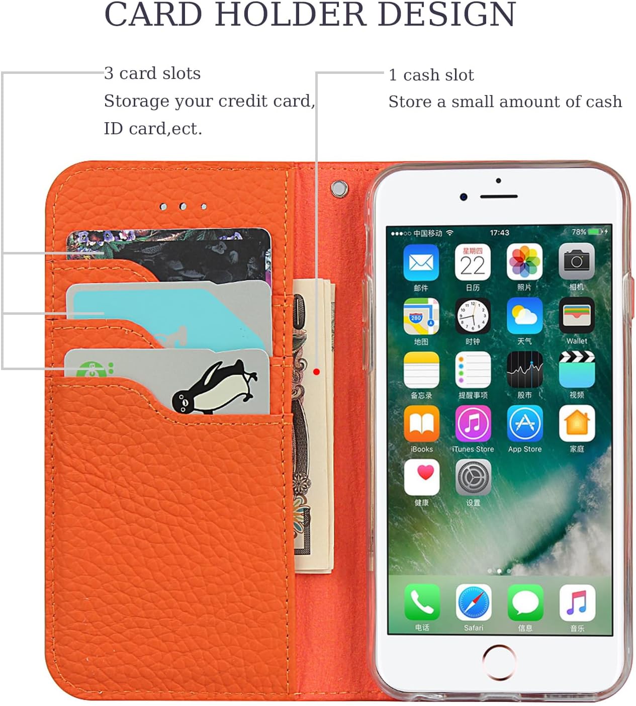 Ｈａｖａｙａ for iPhone SE 3rd & 2nd Gen, iPhone 8 & iPhone 7 Case Genuine Leather Wallet with Card Holder for Women Men Flip Folio Credit Card Slots Stand Shockproof Phone Cover-Orange