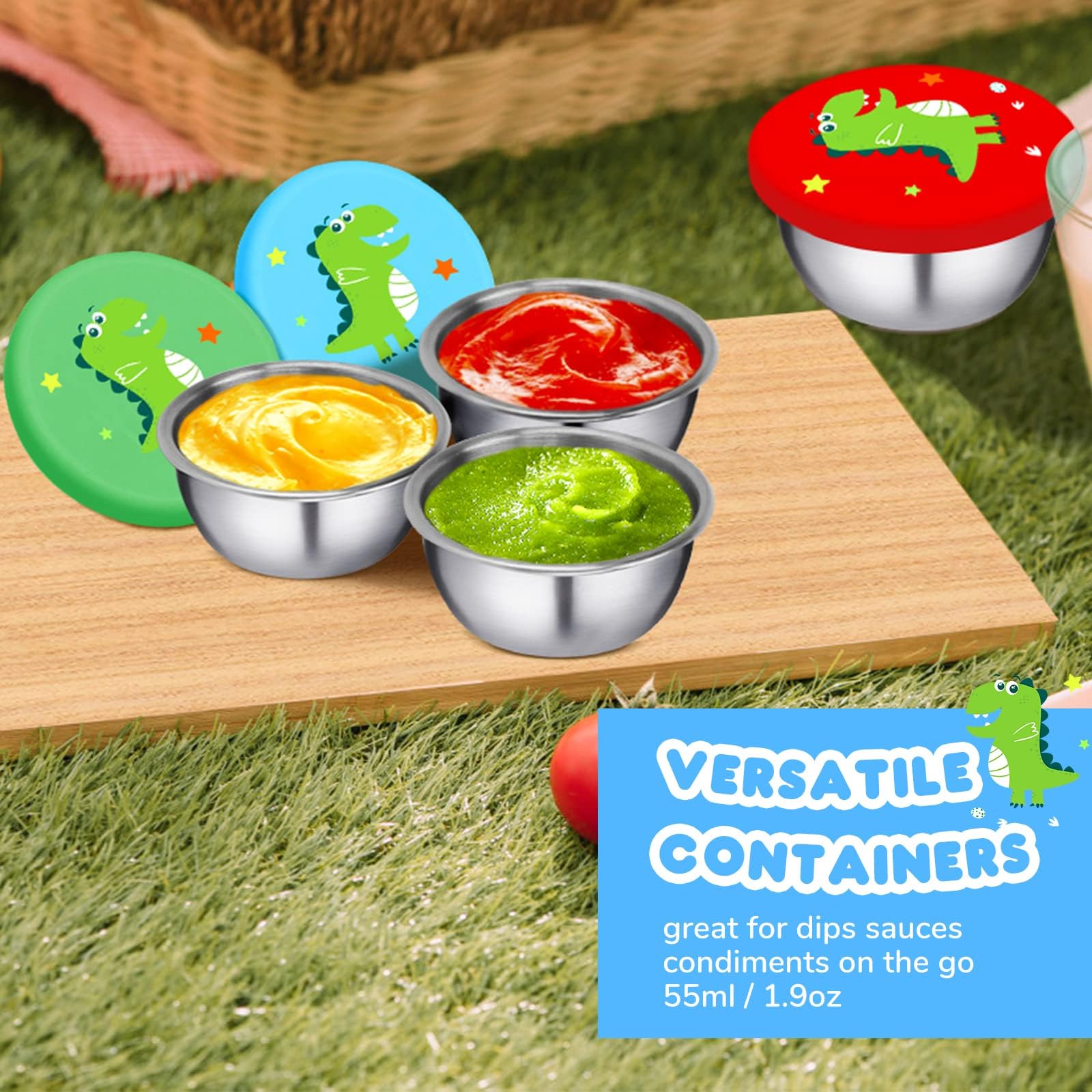 MAIGOZON Salad Dressing Containers To Go, Small Condiment Containers with Lids, Stainless Steel Condiment Cup with Unicorn Leakproof Silicone Lids for Lunch Bento Box (2PCS Dinasaurs+2PCS unicorn)