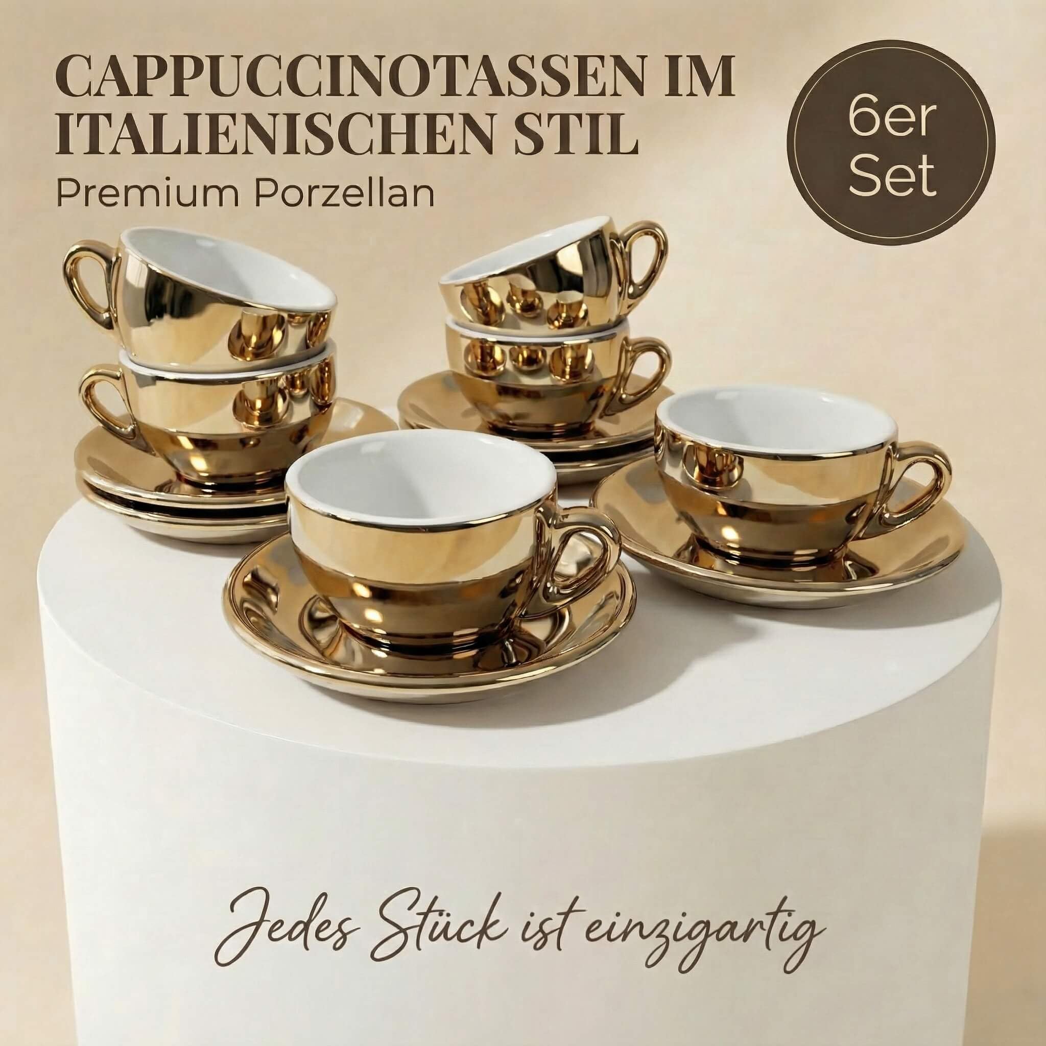 6 x filiżanka do cappuccino 200 ml | złoty - chrom | styl włoski | grube ścianki i ciężkie | zestaw 6 filiżanek do cappuccino ze spodkami - zestaw upominkowy