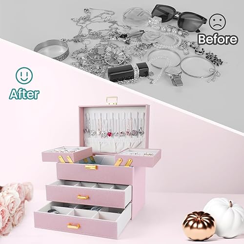Miniatura 2 de Dajasan Cajas de joyería para mujeres y niñas, organizador de almacenamiento de joyas, 4 capas, caja organizadora de joyas grande con 2 cajones para