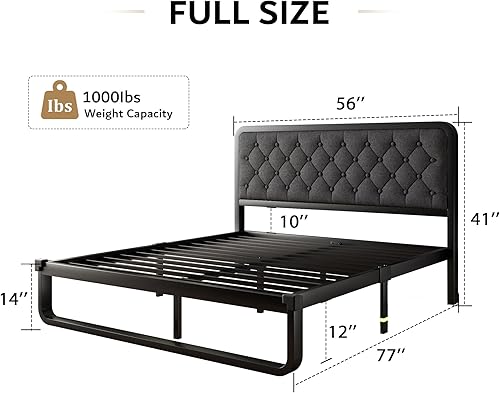 Miniatura 7 de iPormis Base de cama de metal de tamaño matrimonial con cabecera tapizada de lino, marco de cama de plataforma curva, soporte de listones de acero