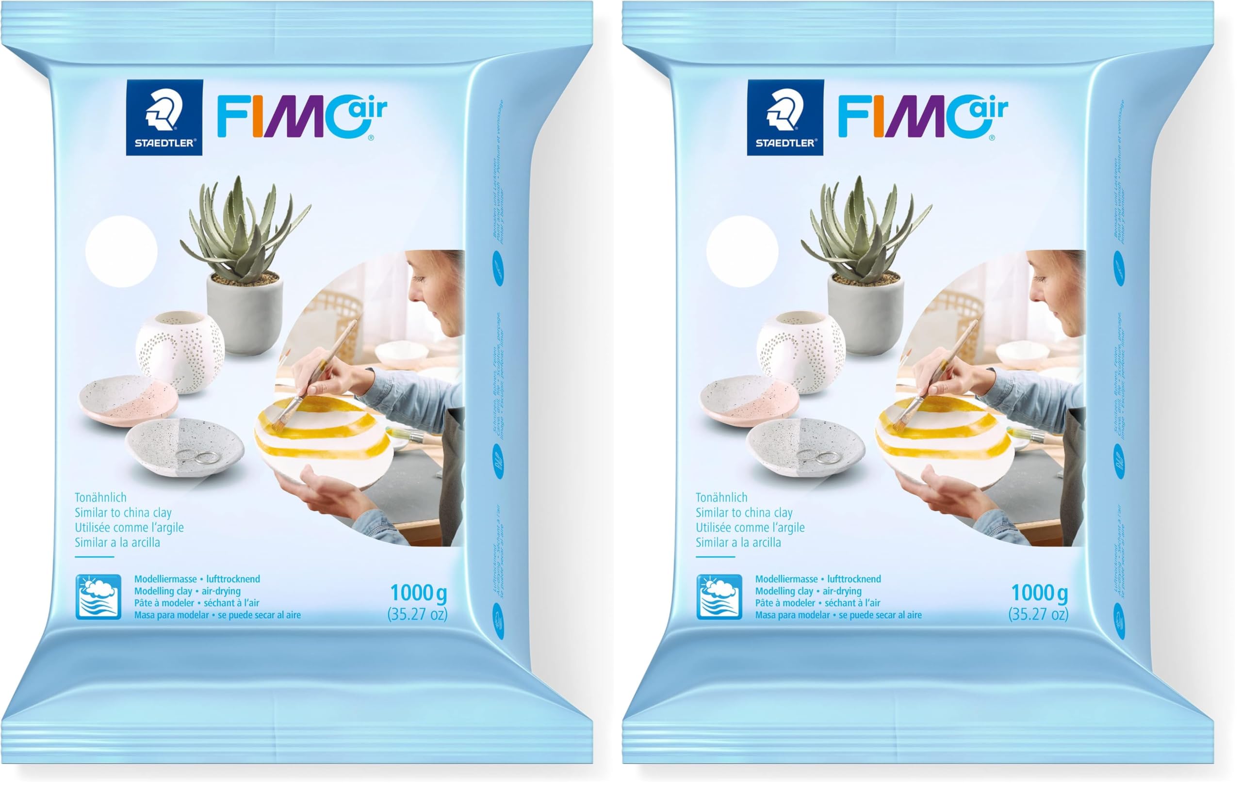 STAEDTLER 8101-0 FIMO Air Basic - Air-Drying Modelling Clay, 1 kg - White (Pack of 2)
