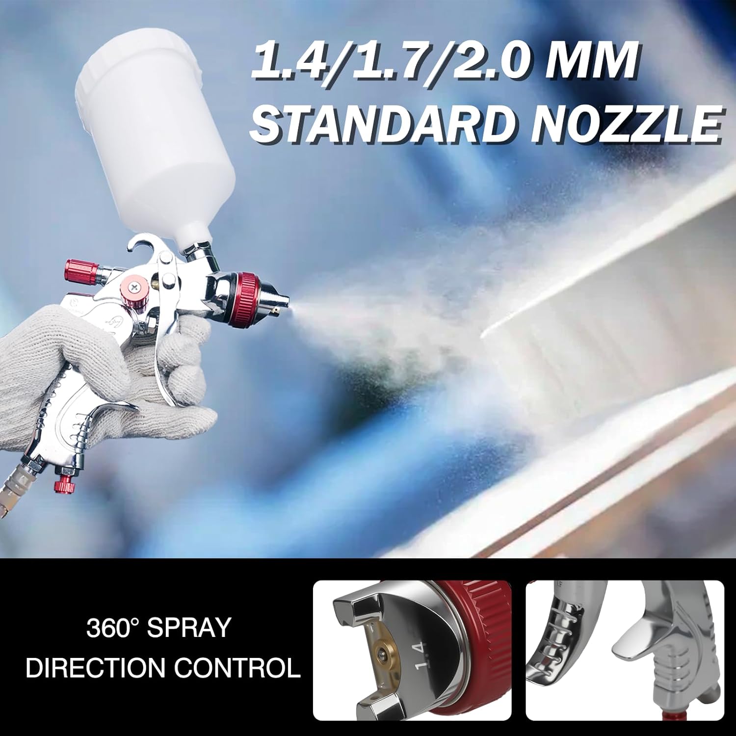 LIHAISHENG HVLP Spray Gun with 1.4/1.7/2.0mm Stainless Steel Nozzles 600ml Gravity Feed Paint Cup Adjustable Flow Control for Car Furniture Wall Painting