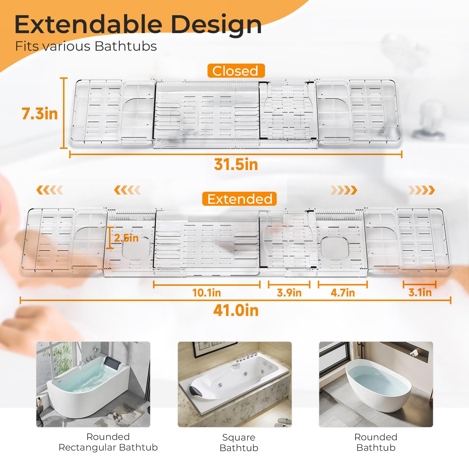 Vassoio per Vasca da Bagno Allungabile in Plastica Trasparente 80-120cm - Mensola con Porta Libro, iPad, Candela - Accessori Relax