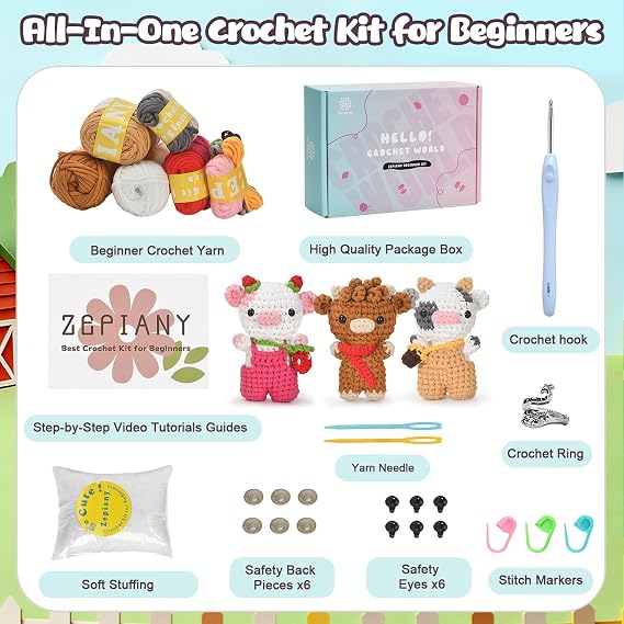 CrochZepiany Crochet Kit for Beginners, Amigurumi Crochet Animal Kit, Crochet Starter Kit Step-by-Step Video Tutorials,Beginner Crochet Kit for Adults,Crocheting Kit-2 Dairy Cows and Highland Cow