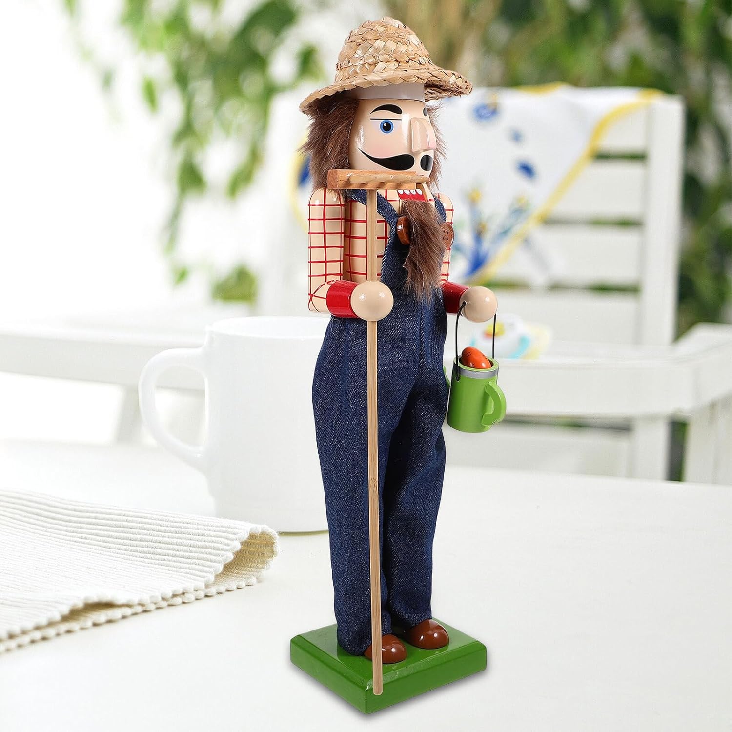 VALICLUD Wooden Nutcracker Puppet Figure 38cm Tall Farmhouse Style with Straw Hat Christmas Nutcracker Decoration for Home Seasonal Festive Tabletop Display