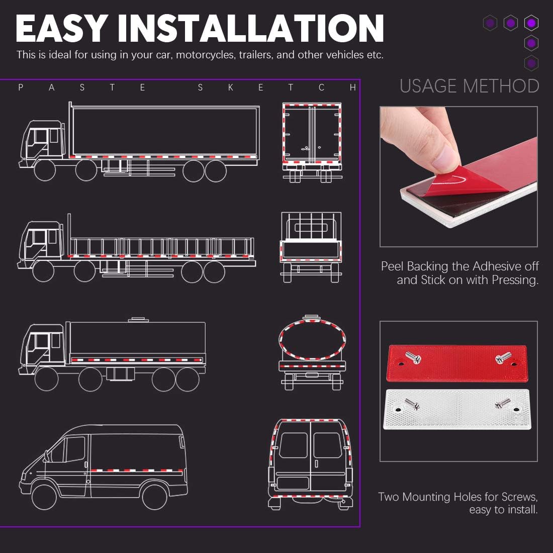 Swpeet 20Pcs Universal Red + White Plastic Rectangular Stick-on Car Reflector Sticker, Door Reflectors Interior Red + White Compatible Warning Plate Adhesive Reflector for Most Car
