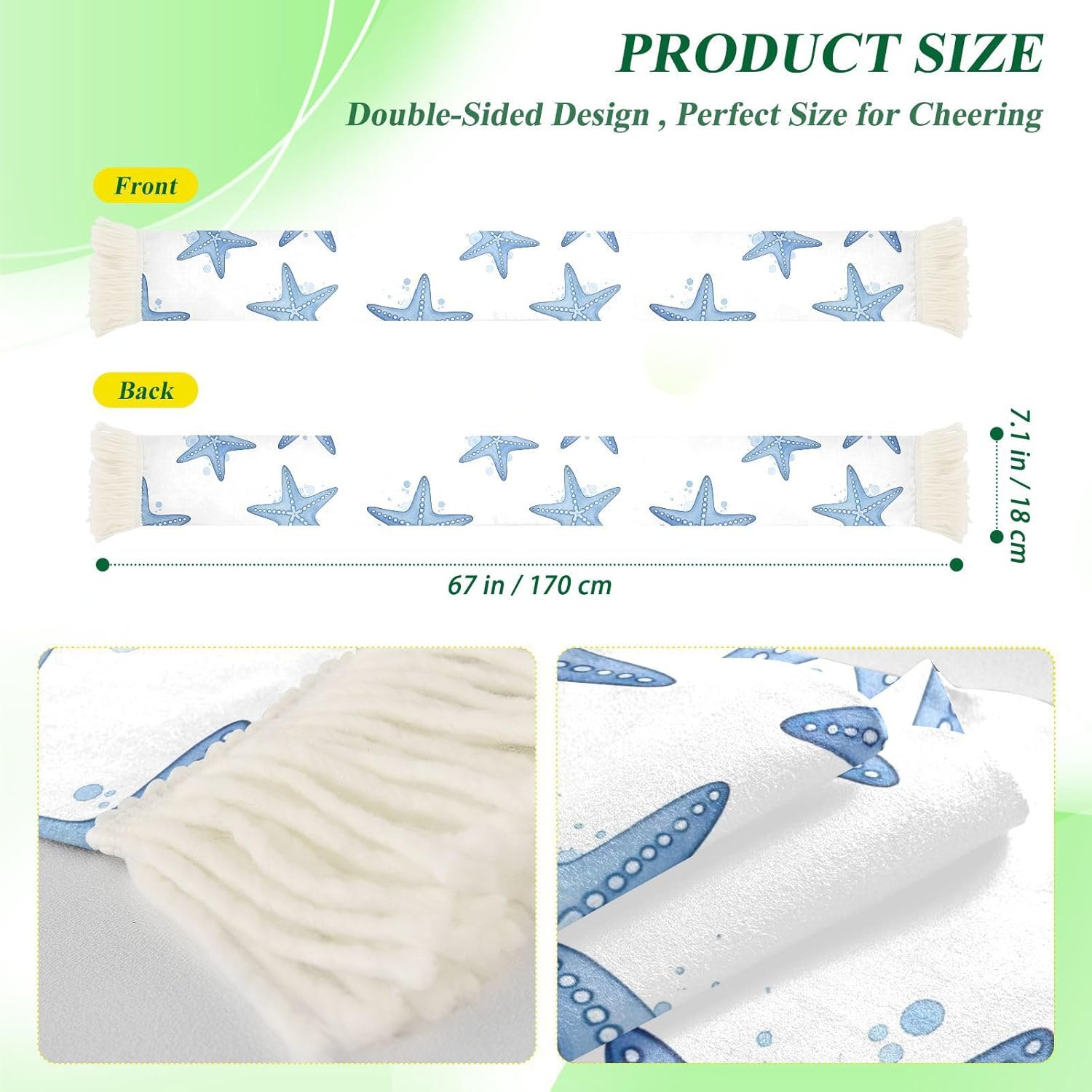 CHIFIGNO Blue Starfish White Sports Fan Scarf for Soccer Games, Soft Polyester Sweat Towel Wrap with Fringe Ends, Cheering Banner Scarf