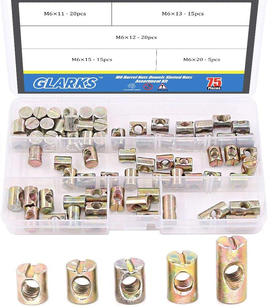 Glarks 75Pcs Metric M6 Barrel Nuts Cross Dowels Slotted Nuts Furniture