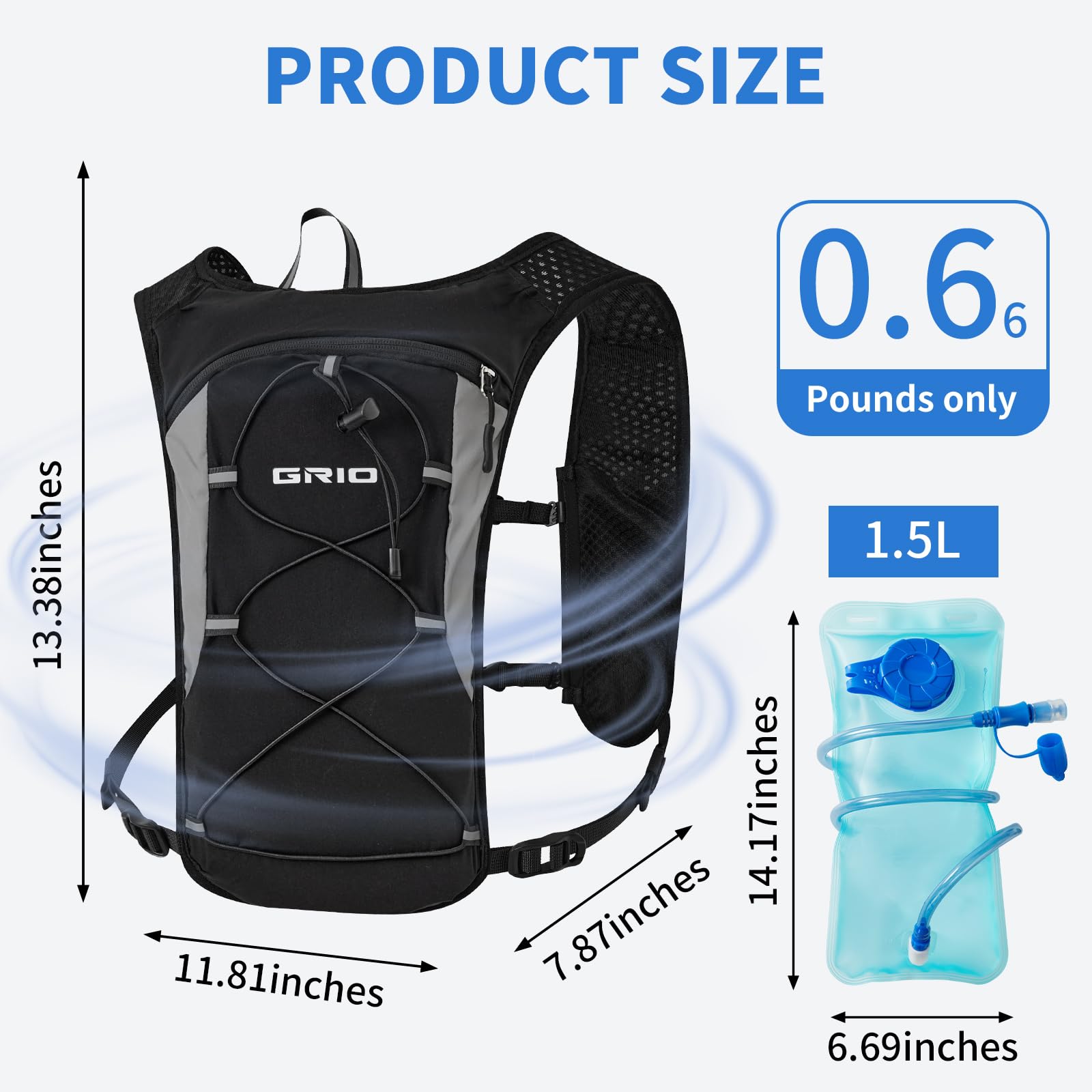 Lightweight Running Vest for Women Men, Adjustable Hydration Backpack Breathable Reflective with 1.5L Water Bladder for Hiking, Trail, Running, Marathons, Cycling