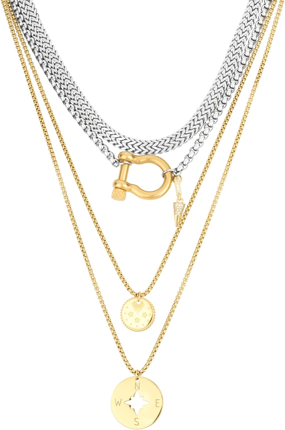 Layered Necklaces for Women,Two Tones Necklace Stainless Steel Compass Coin Pendant Paperclip Cuban Chain Chunky Choker Trendy Statement Jewelry Gift