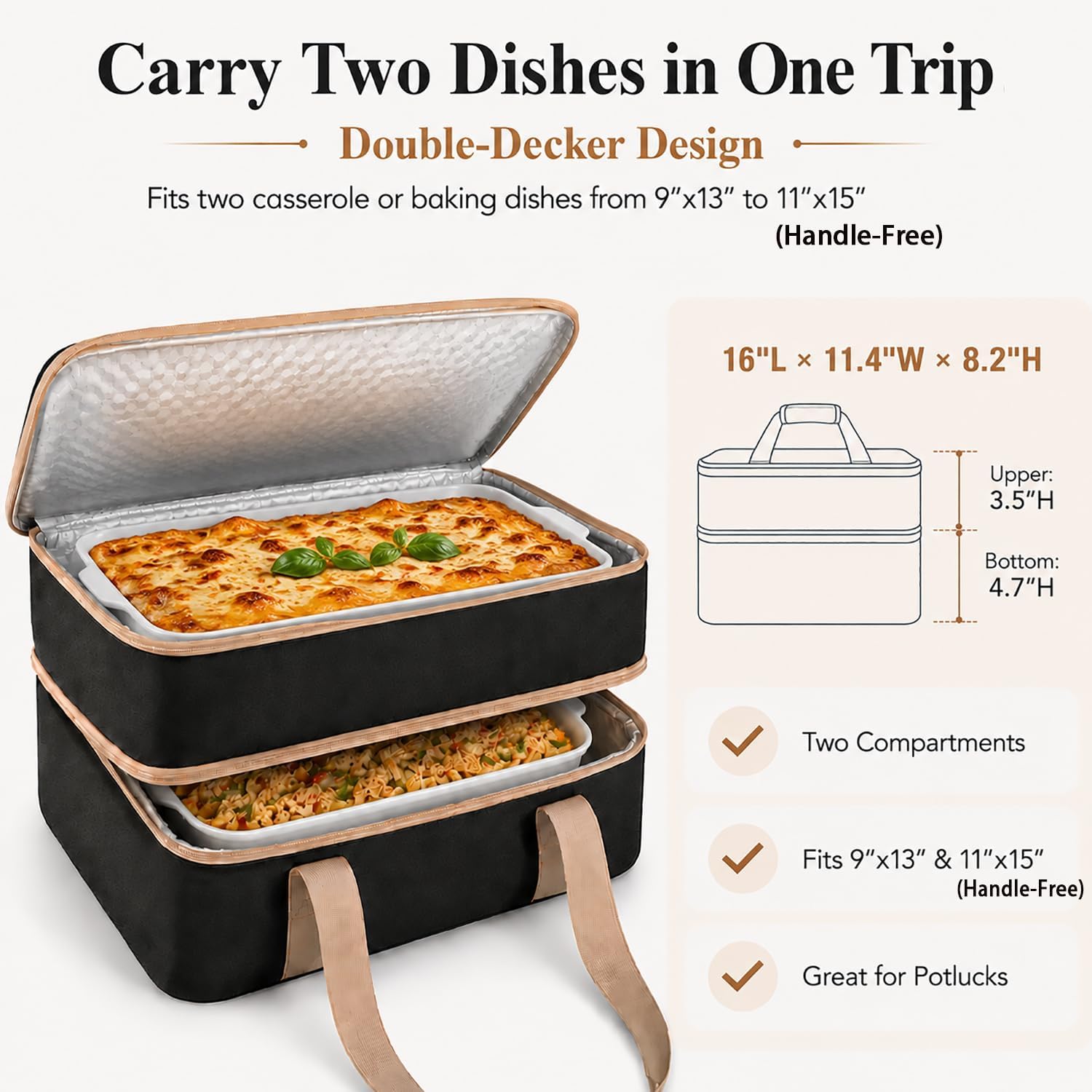 Joyfol Day Double-Decker Insulated Casserole Carrier - Casserole Dish Carrier Hot/Cold Food Tote for Potlucks, Fits 9x13 & 11x15 Pans (Handle-Free) with Heatproof Mat, Black