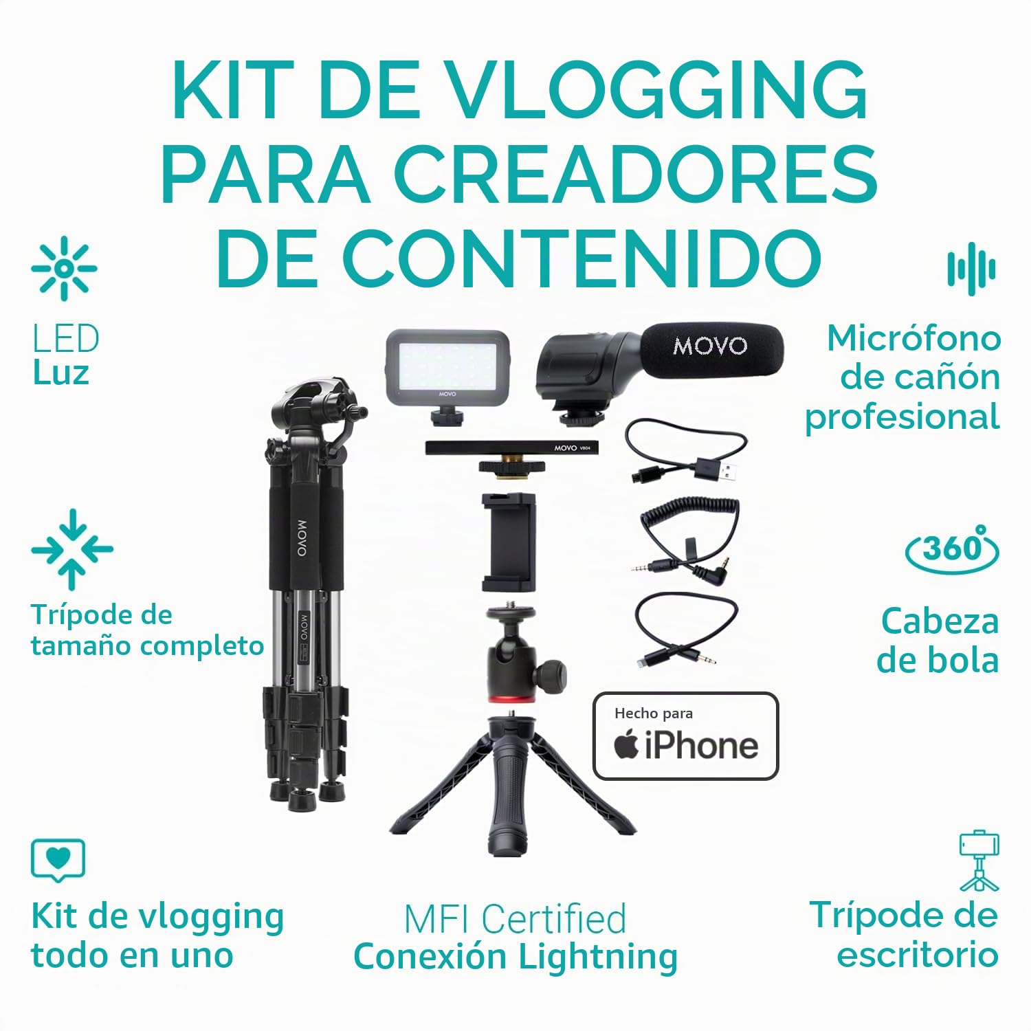 Movo iVlogger - Kit de vlogging Compatible con iPhone/Android con trípode de tamaño Completo - Accesorios del Kit de Video para teléfono: trípodes, Soporte para teléfono, luz LED y micrófono
