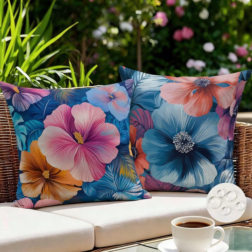 Federe Cuscini da Esterno Impermeabili 65x65 Blu Copri Cuscini per Divano Fiori Federa Cuscino Nordico Decorativi Copricuscini per Divano Giardino Patio Soggiorno Copricuscino Set di 2 (IU67)
