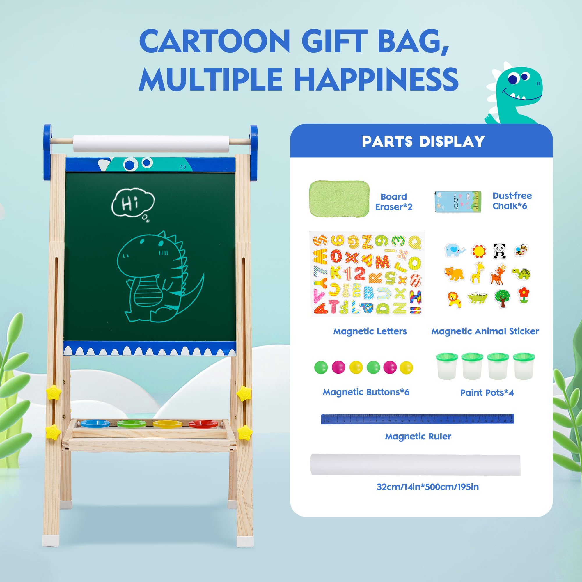 Lavagna Pieghevole con Cavalletto per Bambini, Lavagna per Bambini a Doppia Faccia con Cavalletto Regolabili in Altezza, Rullo di Carta, Lavagna Bianca, adesivi dei cartoni animati e Altri Accessori