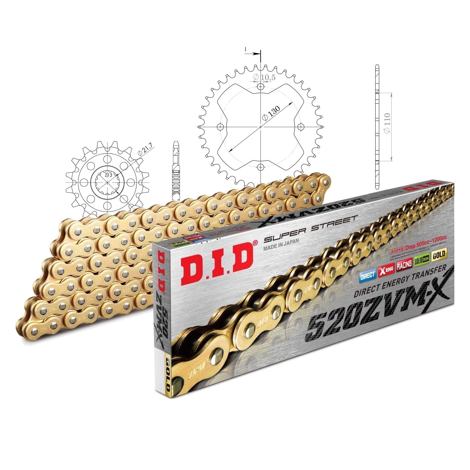 Chaîne DID 520ZVM-X 94 maillons en acier pour transmission de Kawasaki KFX R 450