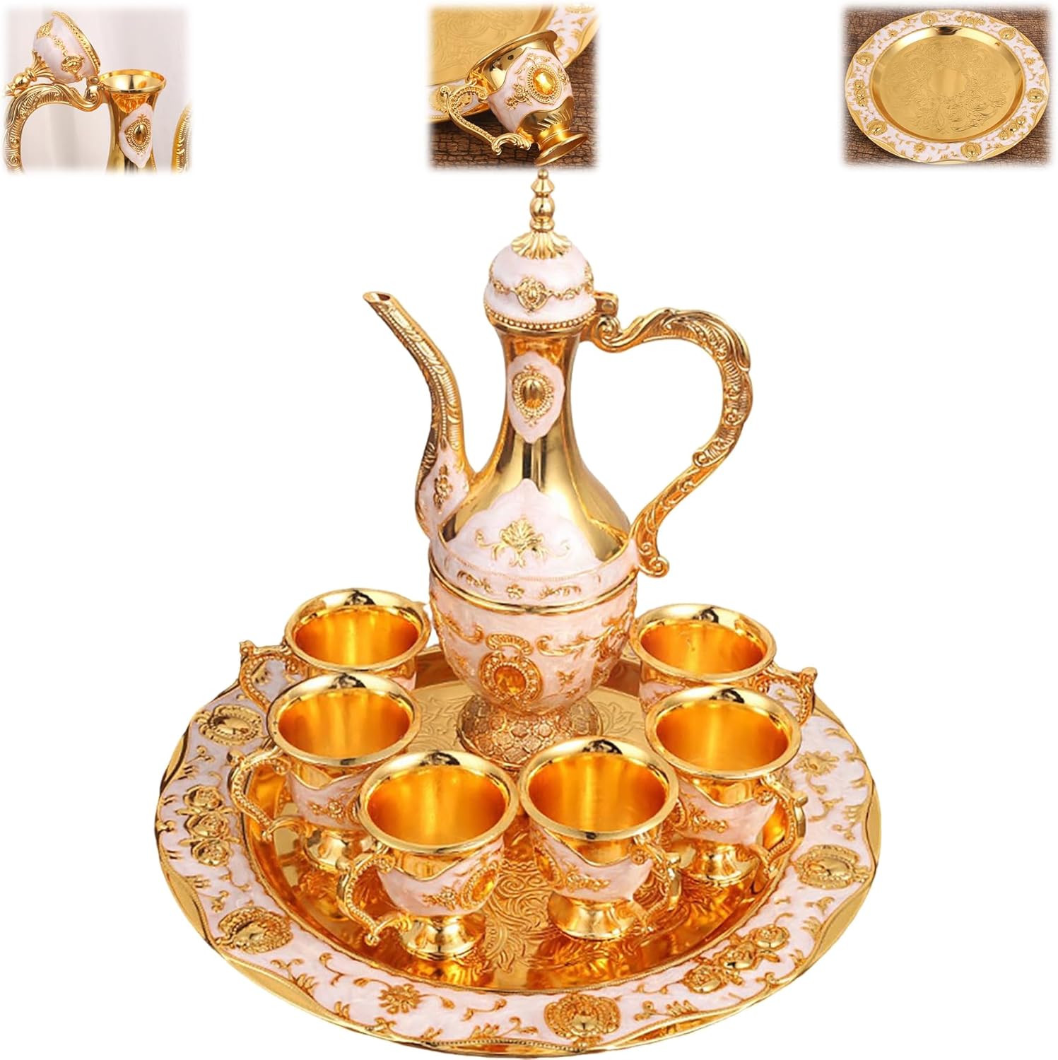 Turkish Coffee Pot Cups Set of 6 with Matching Tray, Retro Turkish Tea Set for Tea Parties or Special Occasions, Vintage-Inspired Gold Decorative Drinkware (SN.01)