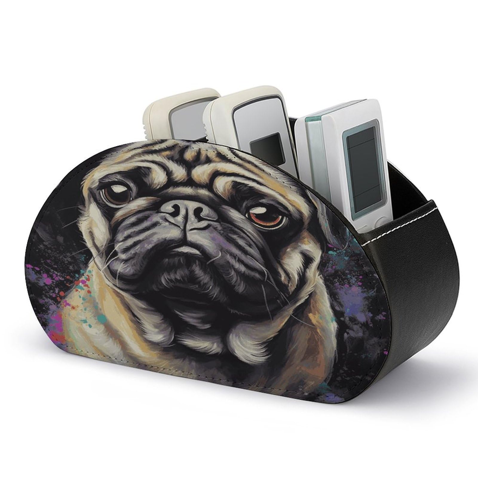 FekiLoot Portrait Of Pug TV Remote Control Holder with 5 Compartments Multi-functional Leather Bedside Table Remote Caddy Desktop Storage Box for Store Pen Controller Media Player Cosmetic