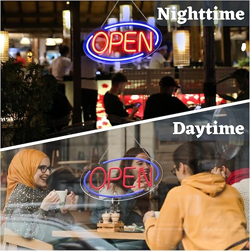 Miniatura 5 de Letreros de apertura para negocios, letrero abierto de neón ultra brillante, adaptador de interruptor de brillo ajustable de 16 x 9 pulgadas,