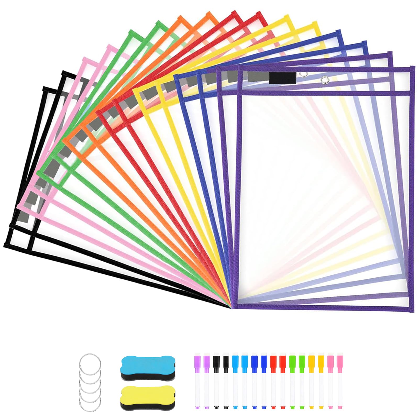 16 Pcs Reusable A4 Dry Erase Pockets, Clear A4 Dry Erase Pockets Set for Classrooms, Home and Work
