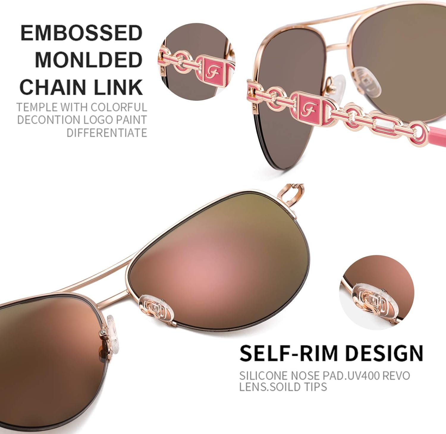 FENCHI Classic Aviator Sunglasses for Women Mirrored Lens Chain Arms Half Rim Metal Frame Sun Glasses UV 400 Protection 60mm - Image 4