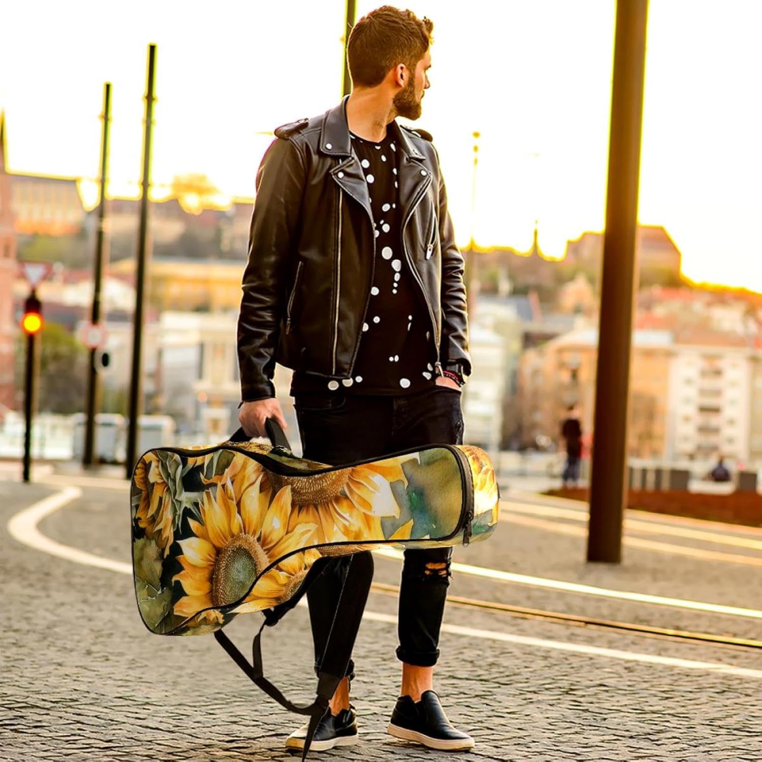 Acoustic Guitar Bag, 40 41 42 Inch Guitar Case Cover Soft Guitar Gig Bag for Acoustic Electric Bass Classical Guitar, Watercolor Yellow Sunflowers Seamless