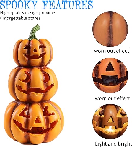 Miniatura 3 de Jusdreen Calabaza Jack-O-Lantern de Halloween con luz, apilada para porche delantero, centros de mesa, espeluznante 3 niveles de 9.5 pulgadas