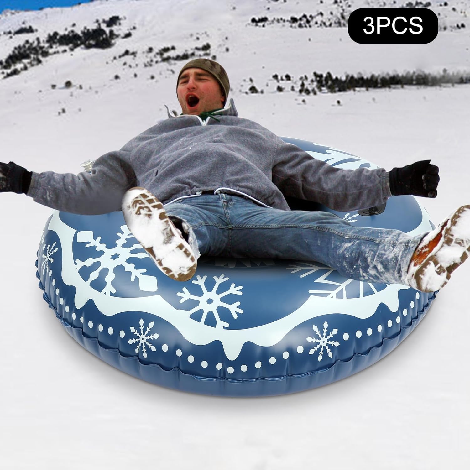 3Pcs PVC Ski Circle, Snow Sleds, 40 Inch Inflatable Snow Sled, Outdoor Sledding Snow Tube Sports, Thickened Heavy-Duty Hard Bottom Sleds with Non-Slip Handles, Winter Sports, for Kids and Adult