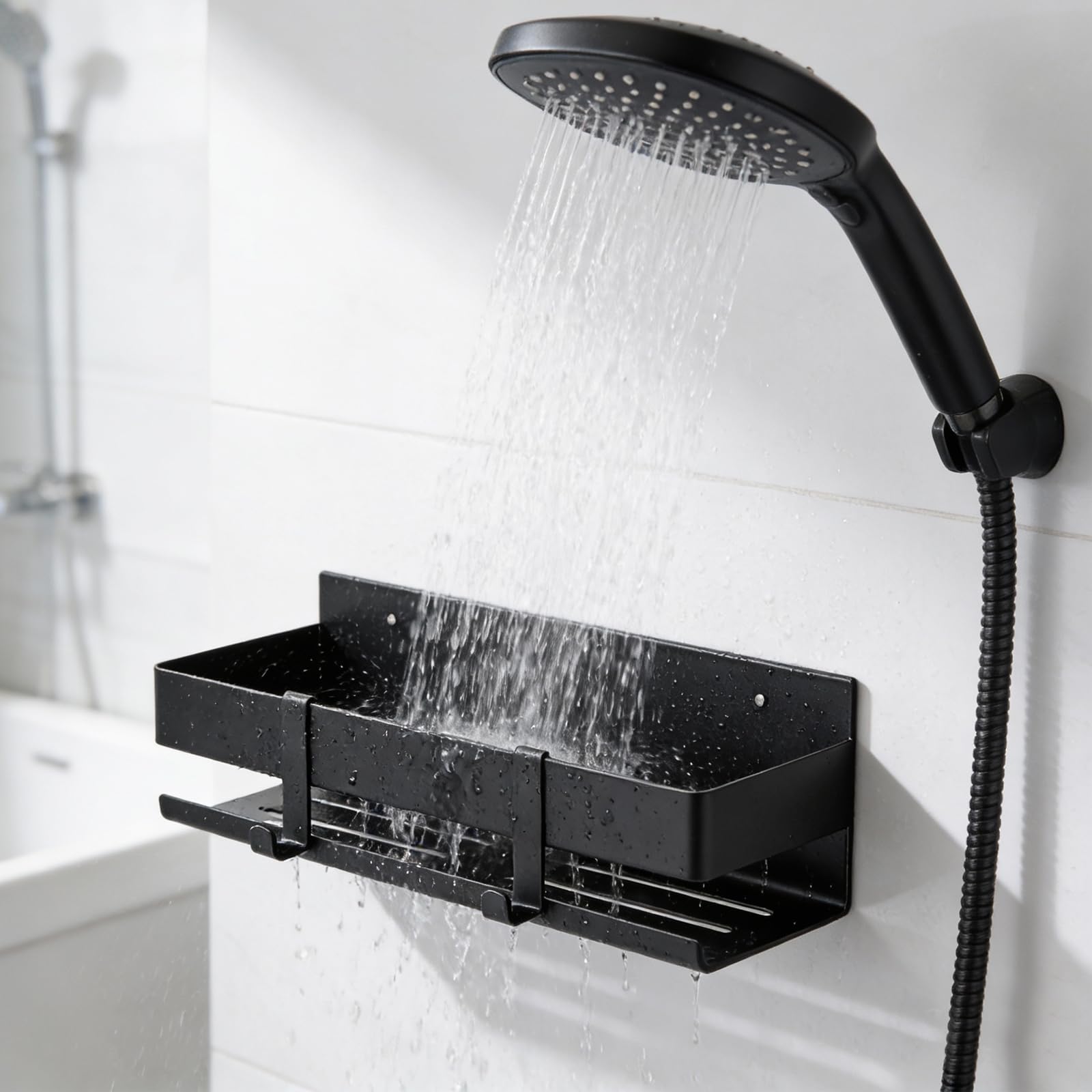 Estanteria Baño Sin Taladro Negro, Estanteria Ducha Sin Taladro Engrosado, 30 cm Estante Ducha de Acero Inoxidable, Organizador Baño De Pared, Almacenaje Baño para Champú y Gel de Ducha