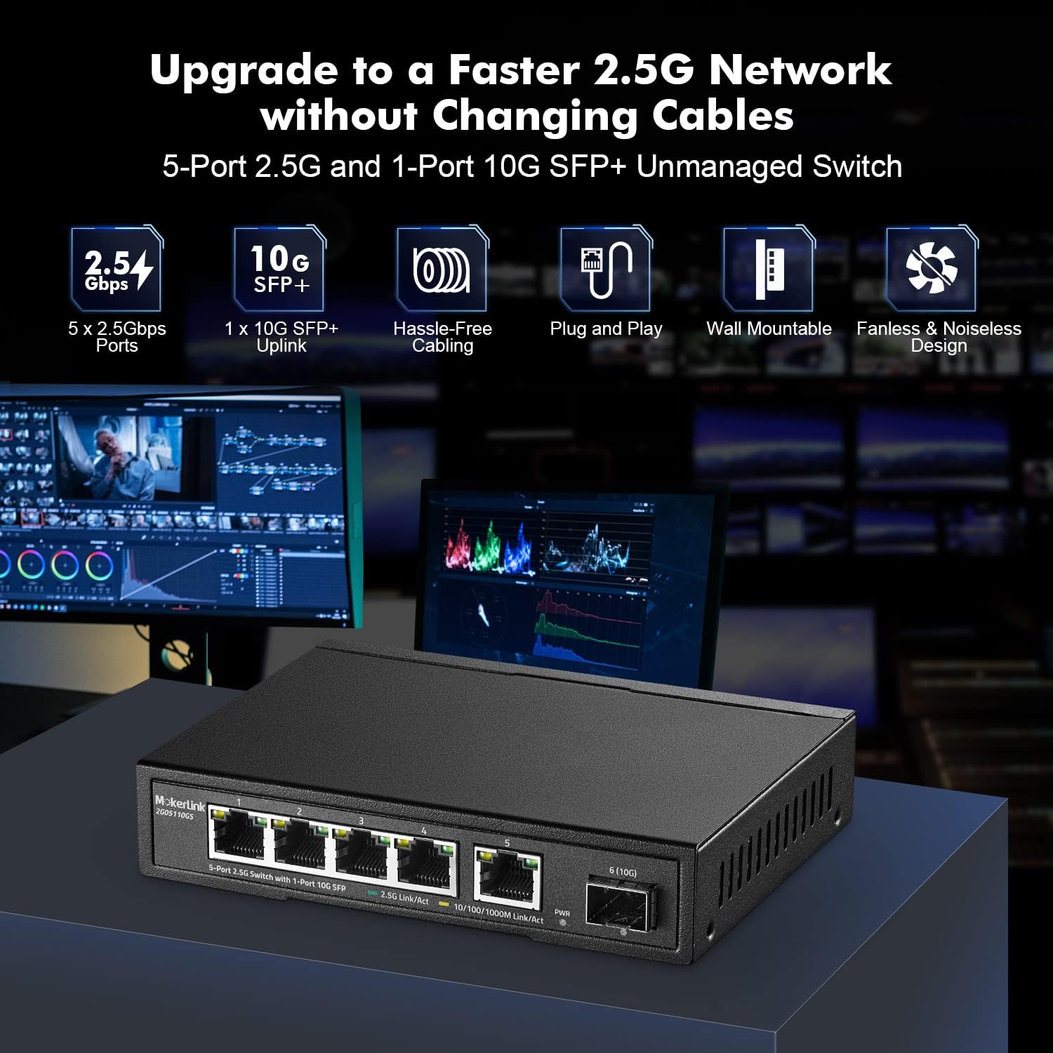 MokerLink 5-портовый Ethernet-коммутатор 2 5 Гбит с с 10 Гбит с SFP 5 портов Base-T 2 5 Гбит с совместимых с 10 100 1000 Мбит с металлический сетевой коммутатор без вентилятора 5 2 5 Гбит с 1 10 Гбит с SFP