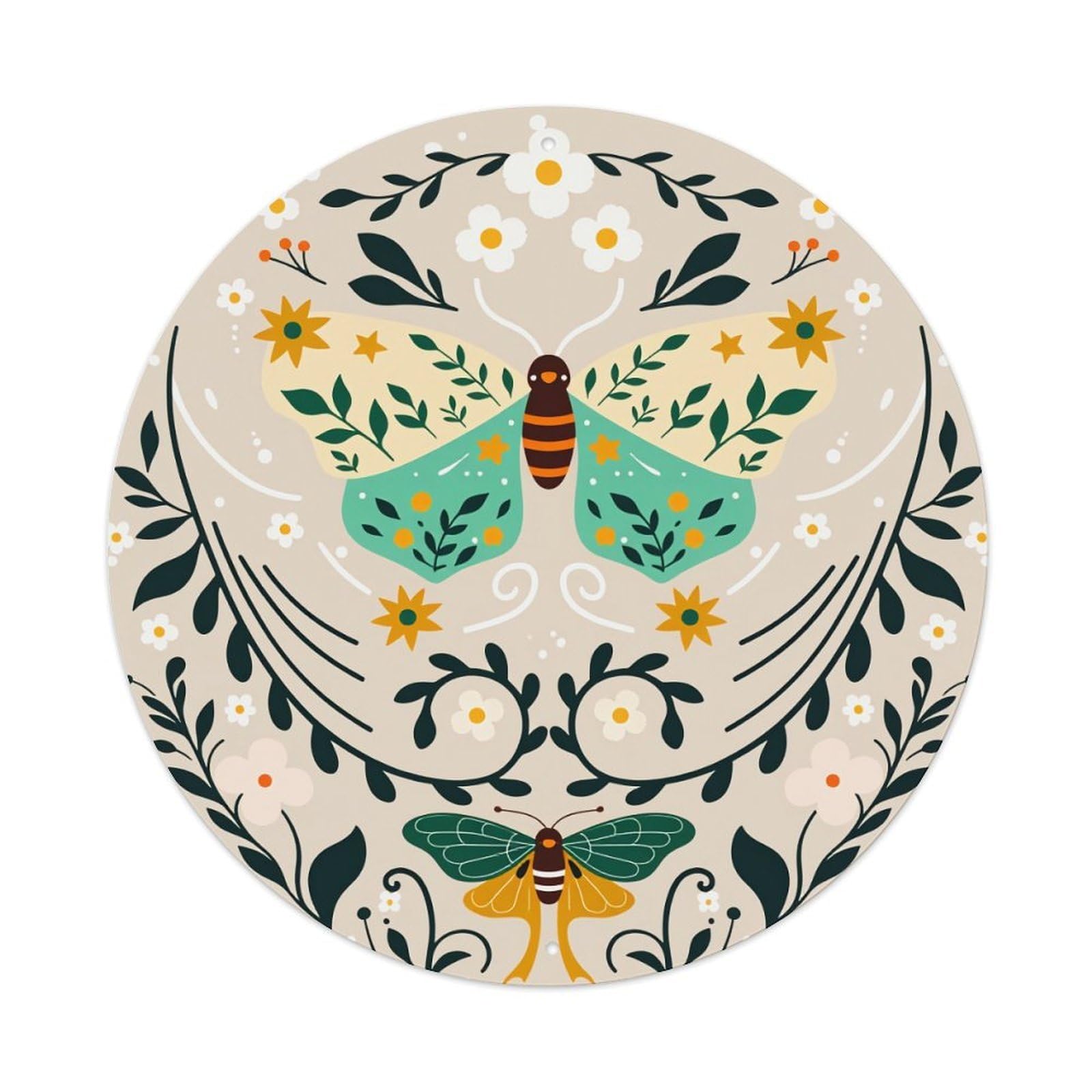 Butterfly Floral Pattern With Leaves And Flowers Round Vintage Tin Sign,Retro Wall Art,Metal Poster for Home, Bar, Garage, Cafe, Rustic Indoor & Outdoor Decor, 8x8 Inches