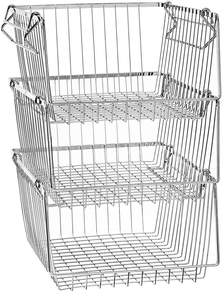 SANNO 14" Stacking Baskets Bin Wire Storage Baskets Organization Farmhouse Scoop Baksket for Pantry, Kitchen, Closets, Bathroom, Cabinets, Kitchen, Narrow, Set of 3