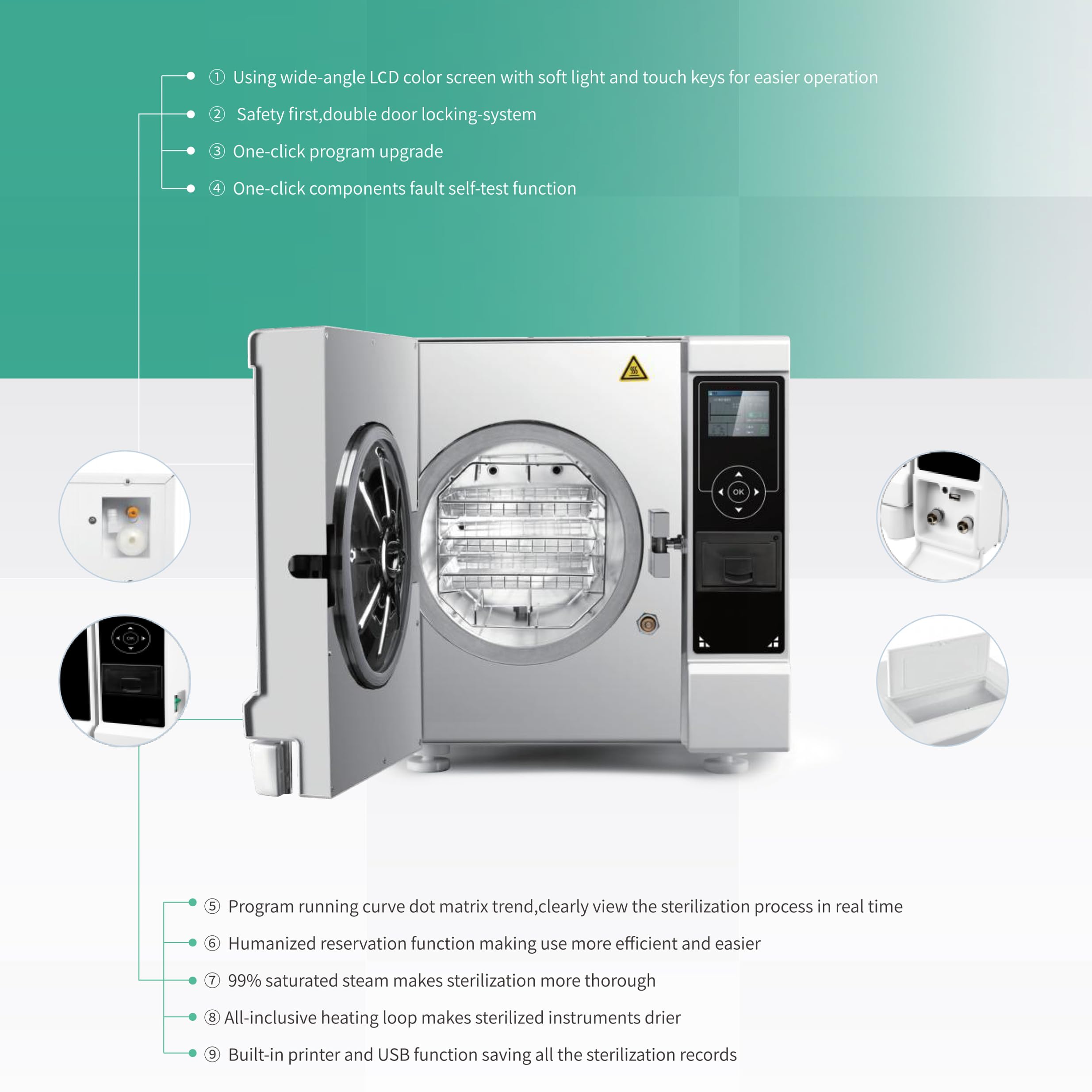 Autoclave esterilizador de vapor de 8 L, alta presión previa al vacío, ciclo de secado al vacío por pulsación y pantalla LCD