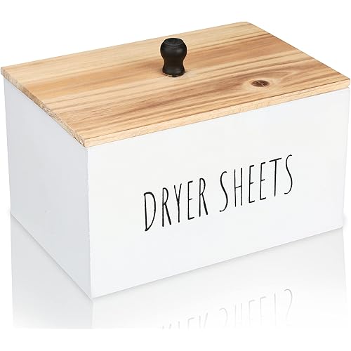 Laundry Dryer Sheet Holder - Home Softener Sheets Dispenser for Farmhouse Decor, Space Saving Organization Storage, Wooden Box Container Modern Organizer, Laundry Room Décor, and Accessories (White)