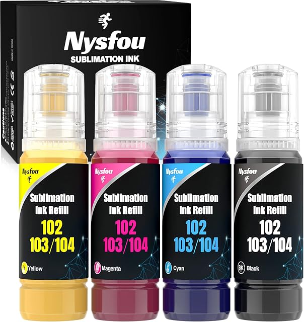Nysfou 104 Sublimation Ink Refill Kit Replacement for Epson 104 102 Compatible EcoTank ET1810 ET-2810 ET-2820 ET-2710 ET-2720 ET-2726 Heat Transfer on Polyester Shirts, Cups, Plates and Mugs