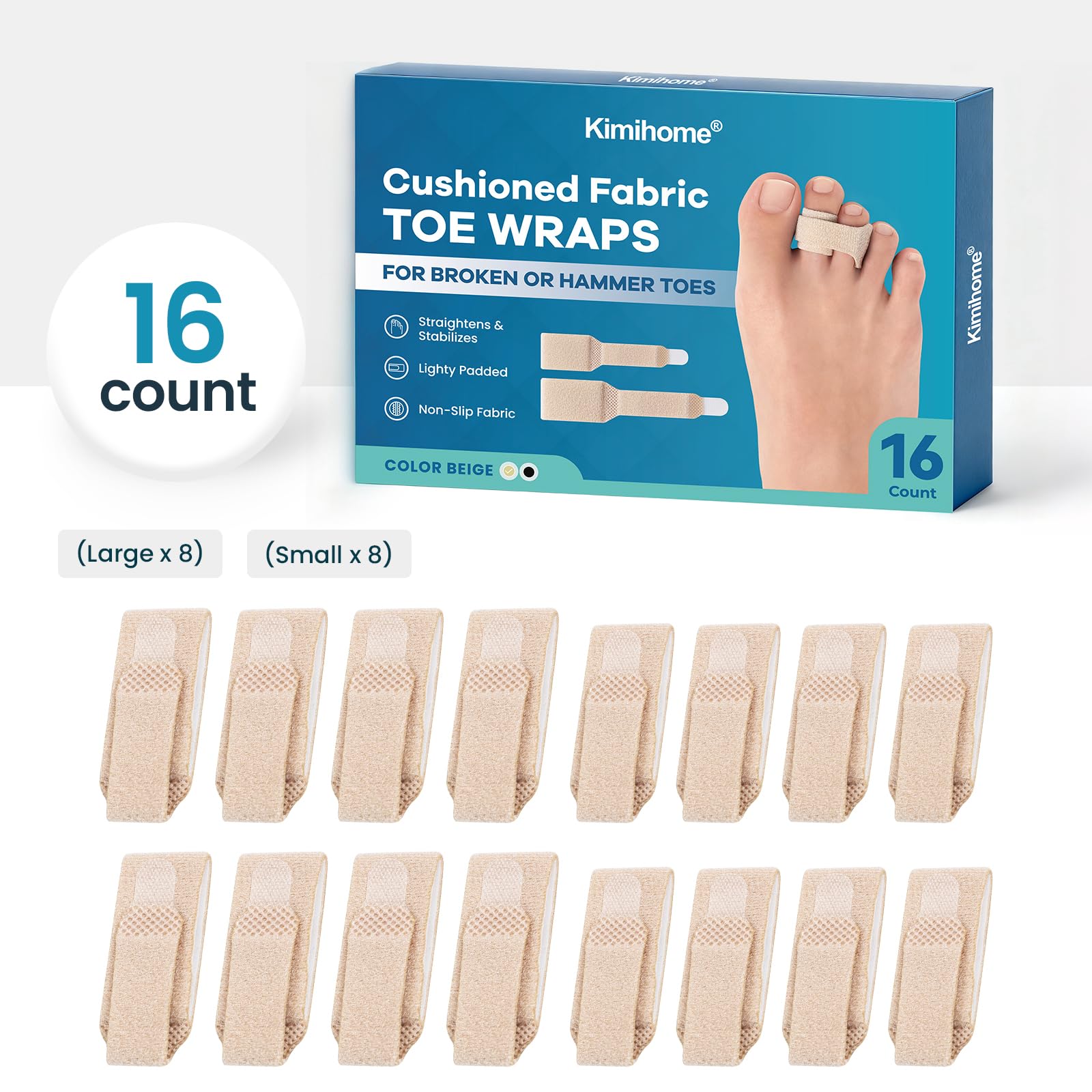 Redresseur orteil en marteau - 16 Pcs Correcteur d'orteils pour unisexe, bandages réutilisables en tissu pour orteils cassés -Attelles pour orteils pliés, recourbés, tordus ou en griffe (8L+8S, Beige)