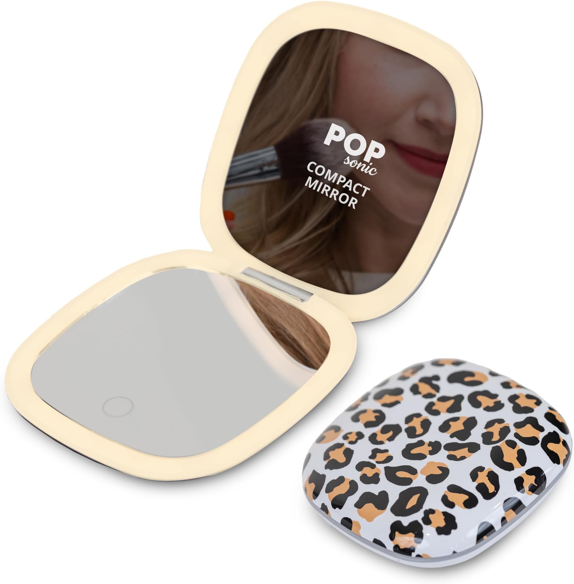 Pop Sonic Square LED Compact Mirror - Adjustable Brightness Light Up Travel Mirror w/ 1x/5x Magnifiers - Portable Makeup Mirror w/Dual-Sided LED Lights (Leopard)