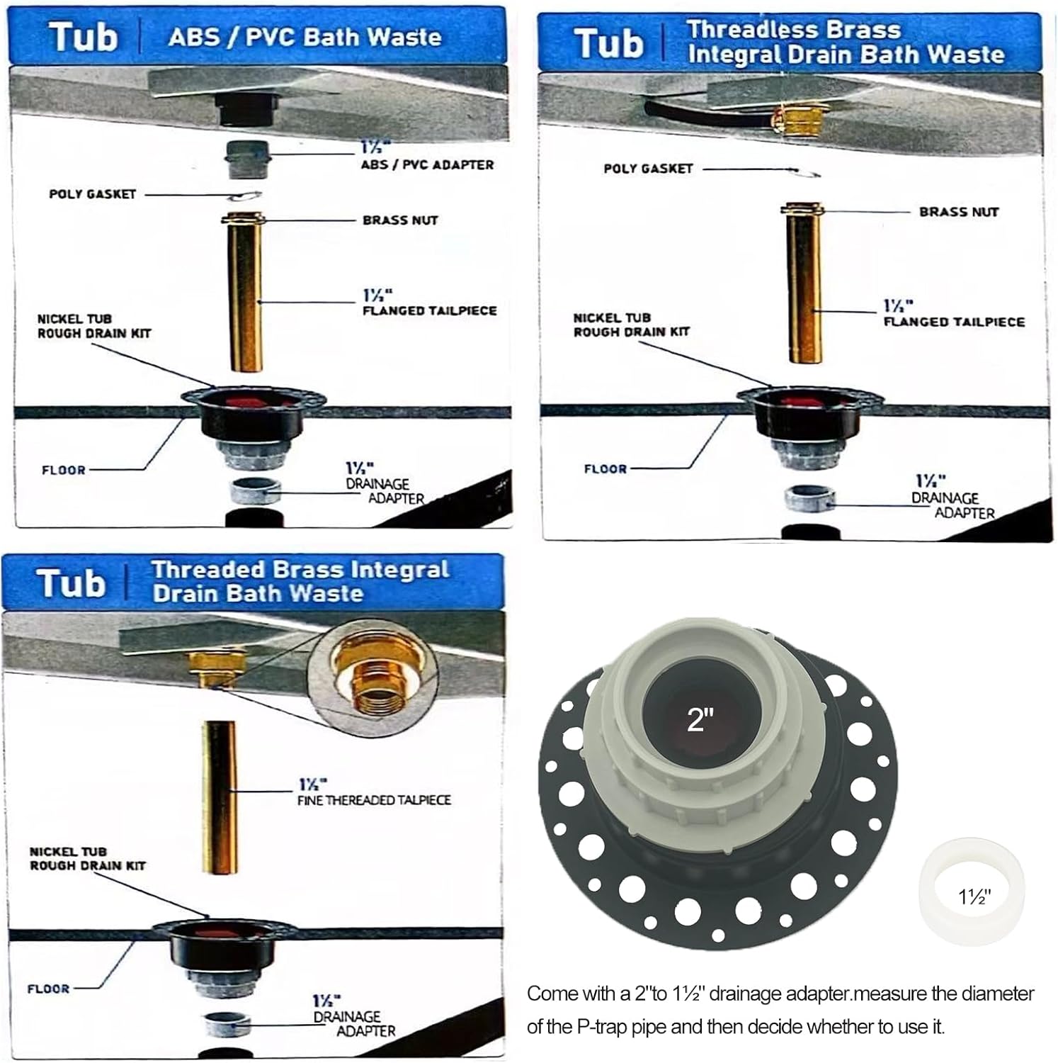Freestanding Tub Drain Rough-in Kit Compatible with Universal Freestanding Bathtub Floor Mounted Bathtub and Copper Bathtub with PVC Plastic Adapter and Brass Tail Pipes Freestanding Tub Drain Kit