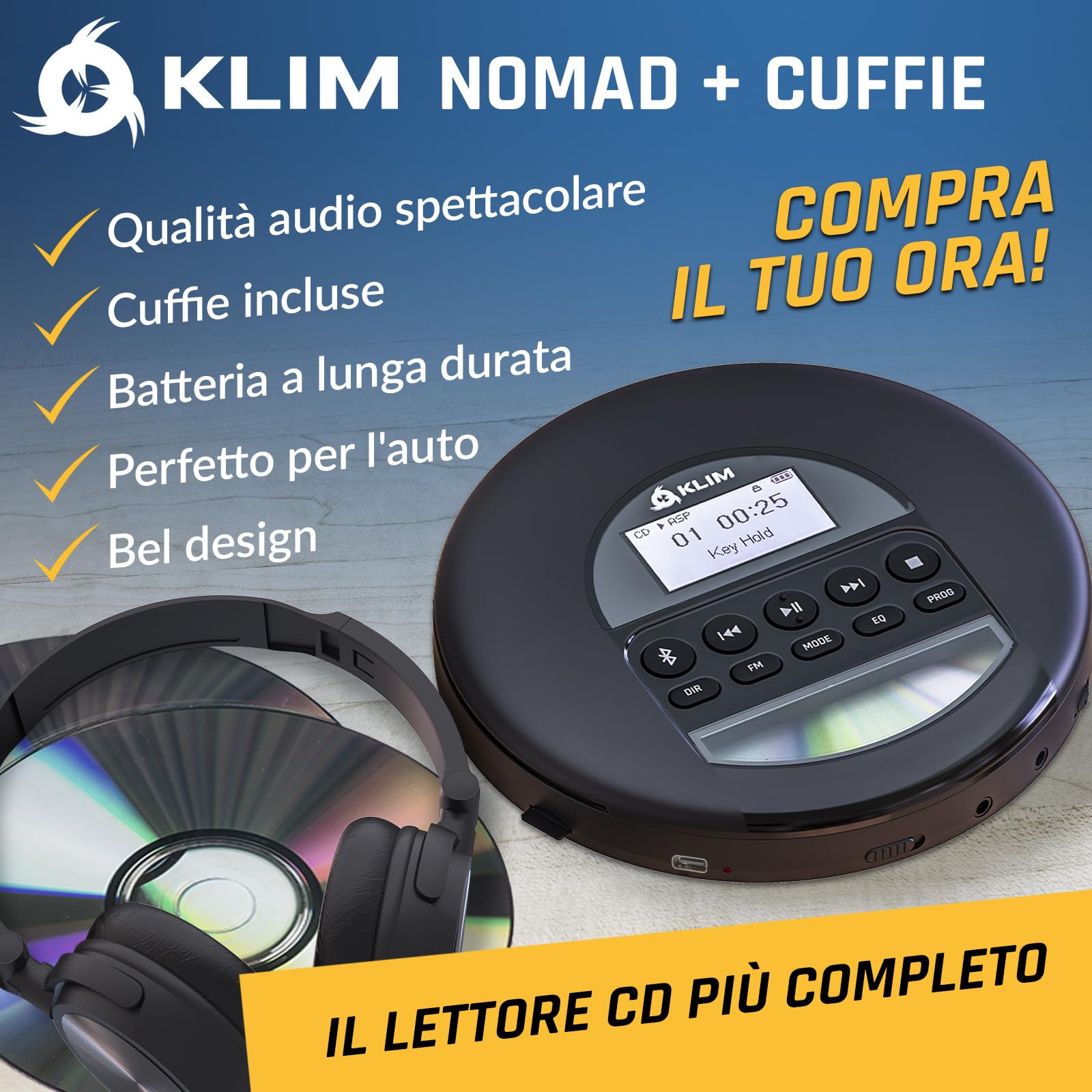 KLIM Nomad - Lettore cd portatile - Batteria a Lunga Durata - Include Auricolari - Compatibile con CD-R, CD-RW, MP3 - Lettore SD, Radio FM, Bluetooth - Ideale per Auto - Hi-Fi - Nuovo