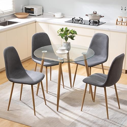 Miniatura 8 de SICOTAS Mesa de comedor redonda  Mesa de cocina con parte superior de vidrio con patas de metal de madera, mesa de comedor moderna para 2 o 4, mesa