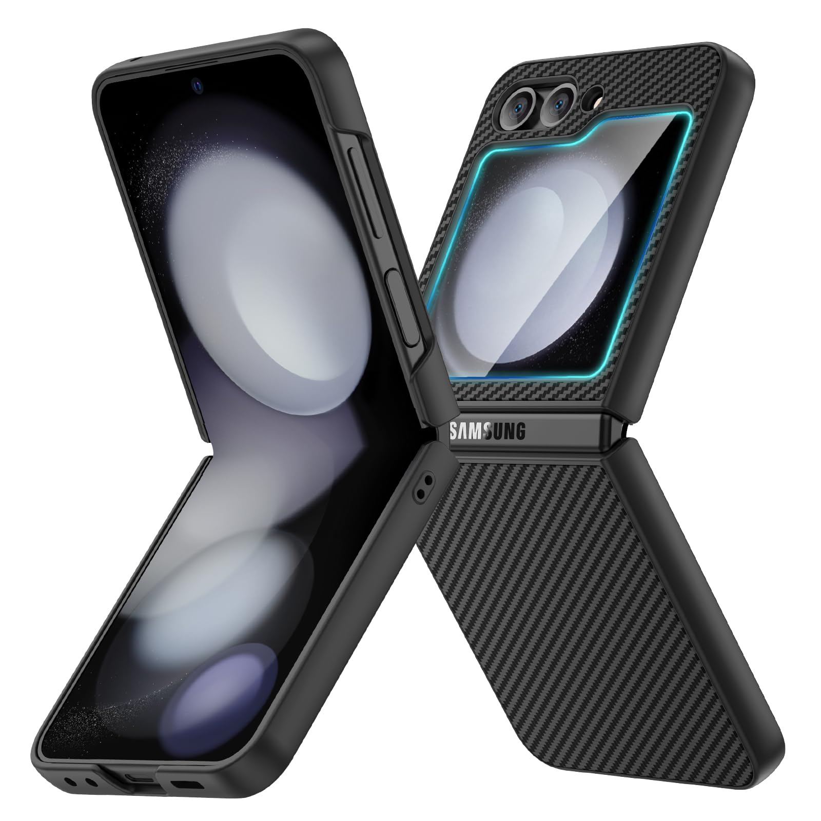Ruky for Z Flip 5 Case, with Built-in Back Screen Protector, Carbon Fiber | Support Wireless Charging, Anti-Scratches Shockproof Hard PC Ultra-Thin Phone Case for Samsung Galaxy Z Flip 5, Carbon Fiber