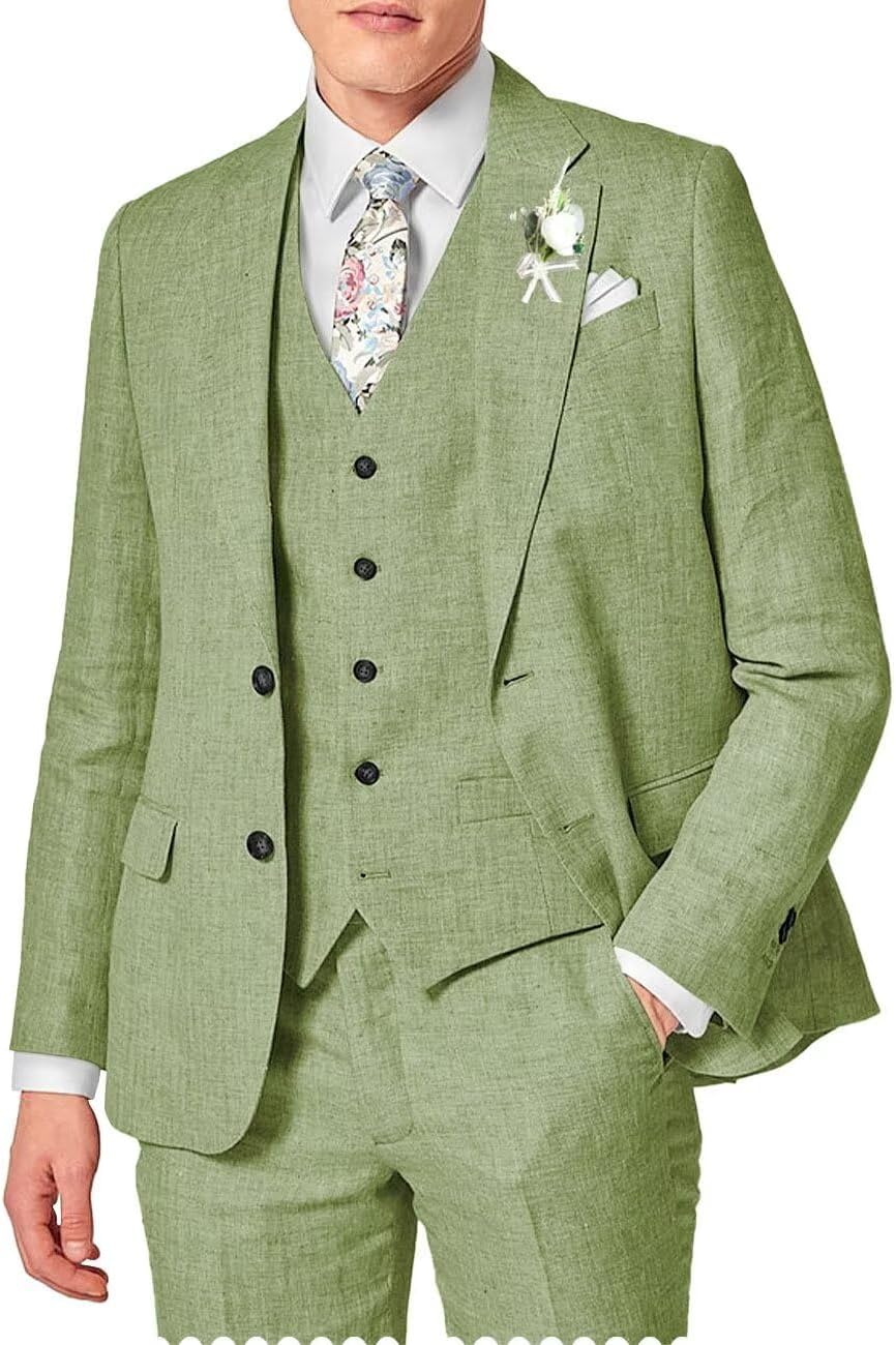 Wangyue Men's Linen Suit Slim Fit 3 Piece Suit Casual Summer Beach Wedding Groomsmen Linen Suit Set