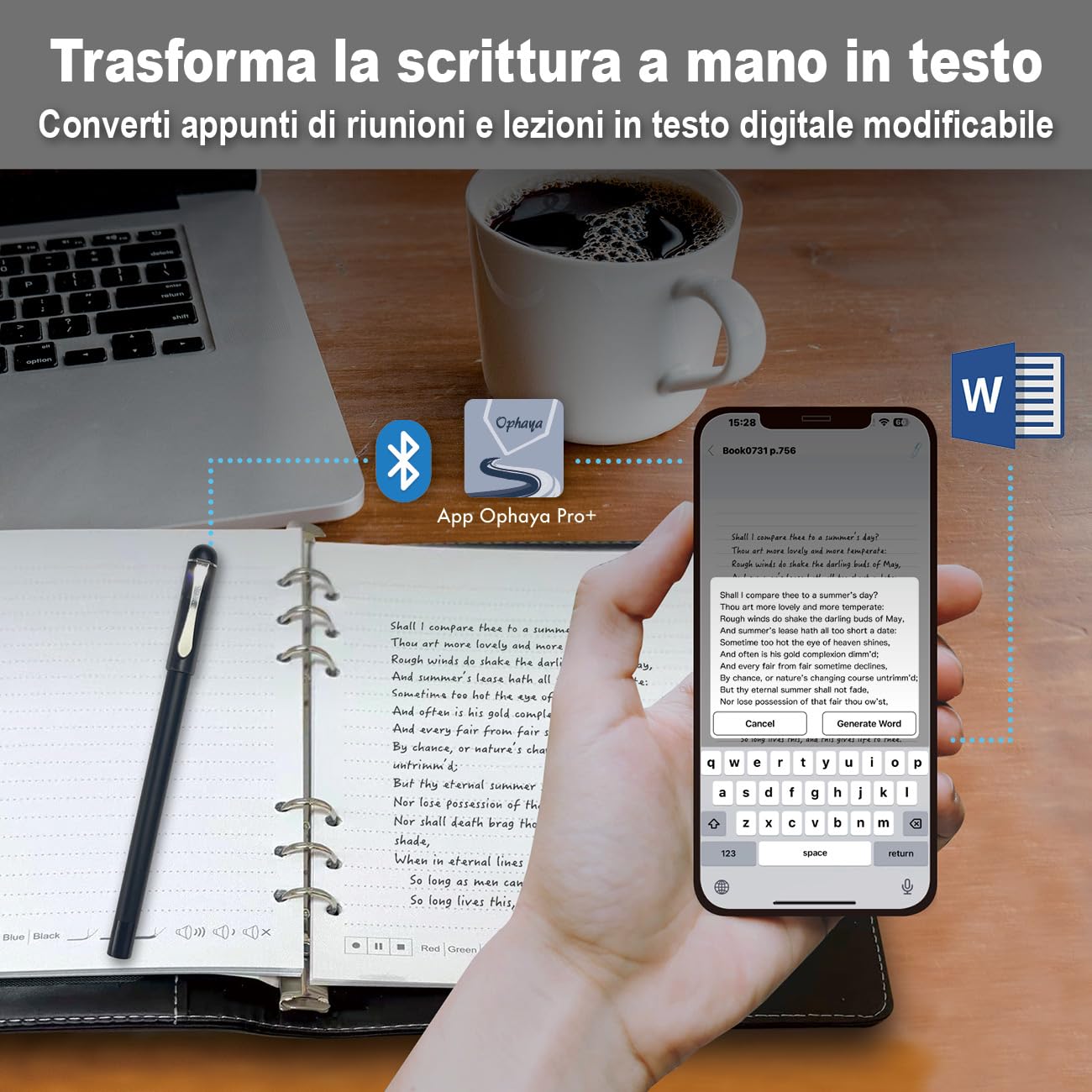 Ophayapen Smart Pen Set – Penna Digitale con OCR, Sincronizzazione App, Note Audio e Scrittura su Carta per Studio e Lavoro