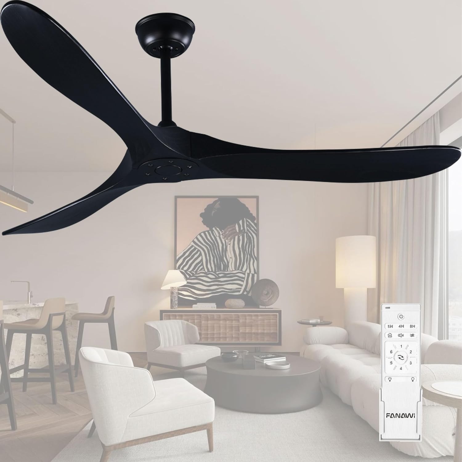 60" Black Ceiling Fan with Remote Control, Quiet Ceiling Fan without Lights for Indoor/Outdoor - Modern Design, Powerful Airflow, Silent Operation