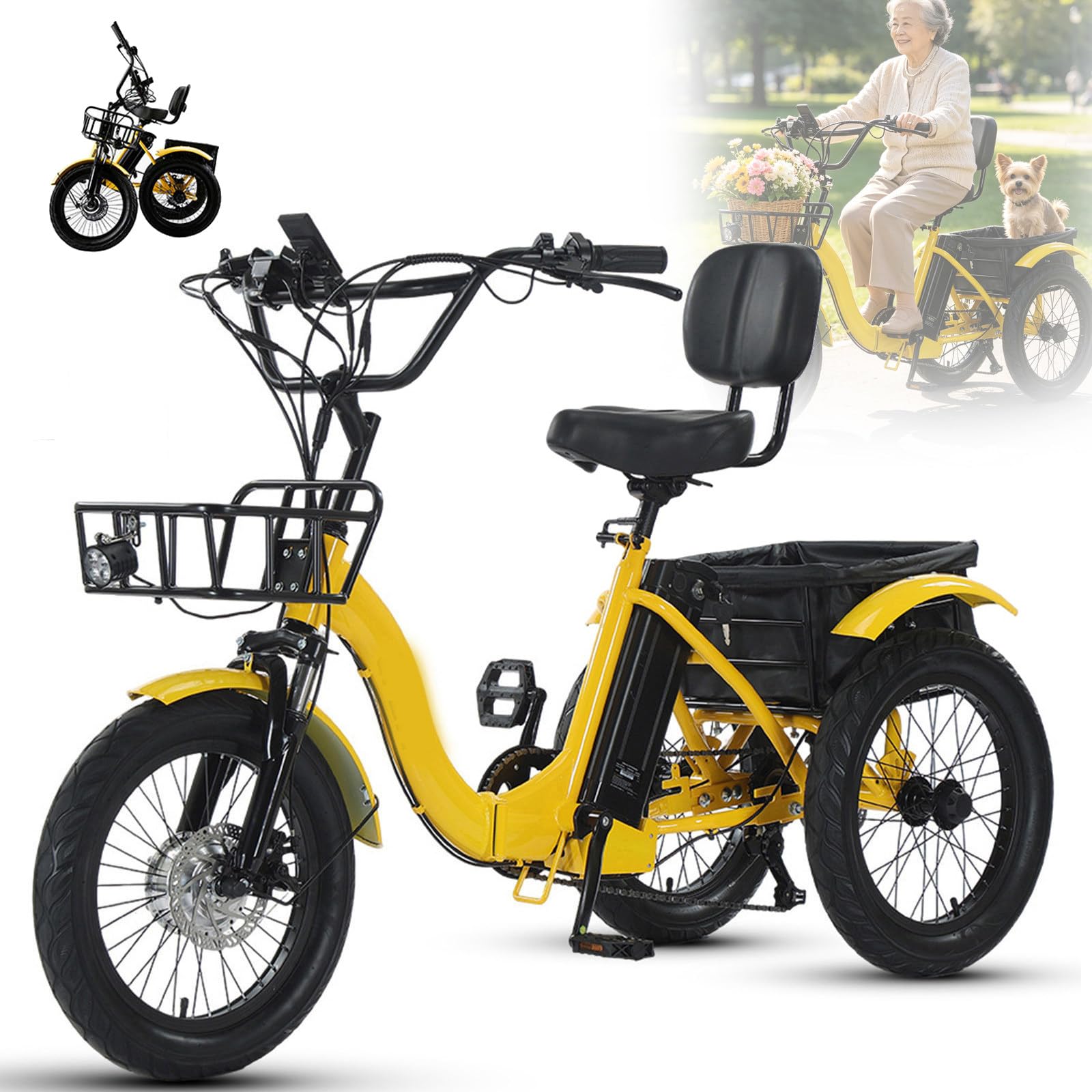 Tricycle électrique Pliable pour Adulte De 18 Pouces avec Grand Panier,Pneus Larges 18" x 3.0,écran LCD,Pente Facile À 15°,3 Modes De Conduite,Batterie 48 V 13 Ah - Autonomie De 44 Km Yellow