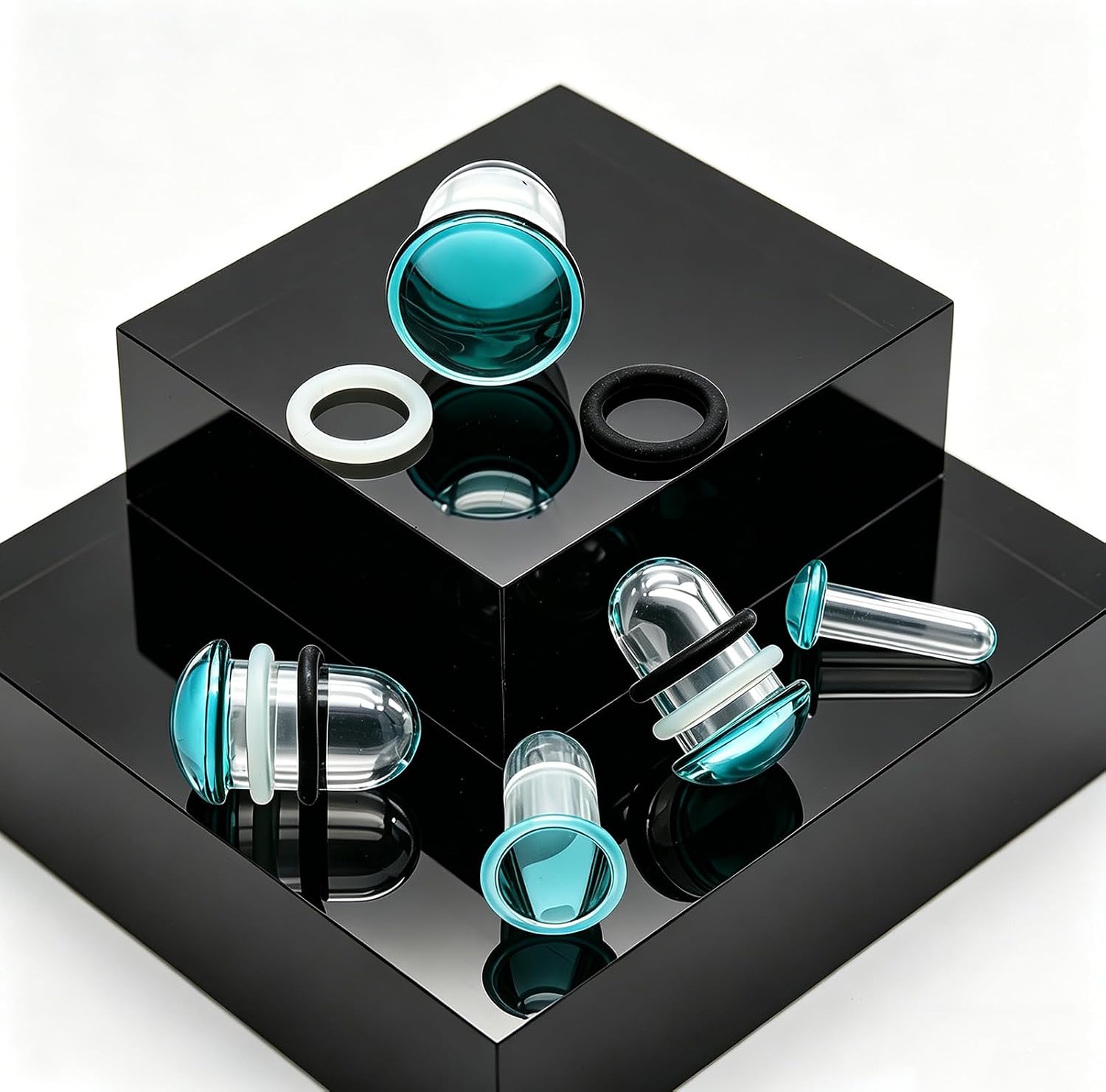 15Pcs For Single Ear Stretching Kits with 2 Silicone Rubber Bands, Clear-Peacock Blue Glass Dead Stretching Plugs and Tunnels for Women Men, Safe for Fresh Stretches and Sensitive Skin, Single Flared Glass Gauge Hypoallergenic Body Piercing